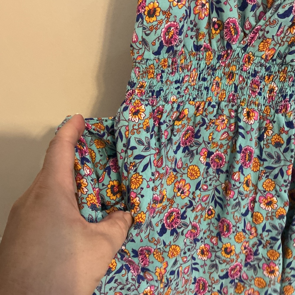 Bebop Boho Floral Sleeveless Romper | Turquoise Blue | Tassel Tie | Size Large - Picture 13 of 15